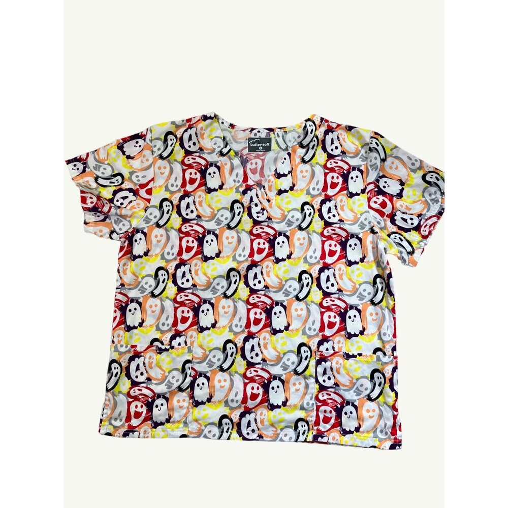 Butter-Soft Ghost Print Halloween Scrub Top L